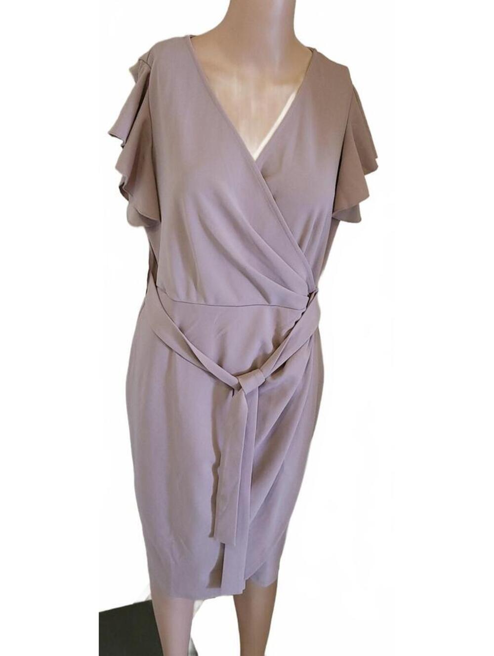OTEN Taupe Faux Wrap Midi Dress Ruffle Sleeves Waist Tie Women's Size Medium
